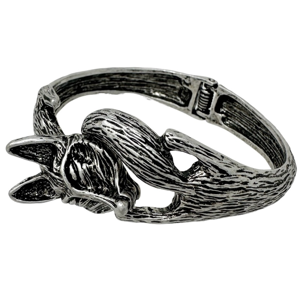 Fox Vintage Look Silver Tone Metal Hinged Bangle Bracelet